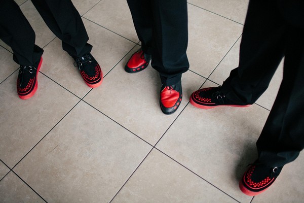 Groom and groomsmen with red fifty's rockabilly shoes.