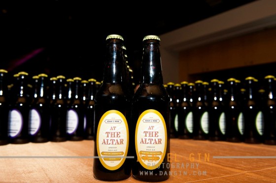 Personalized wedding beer labels on bottles.