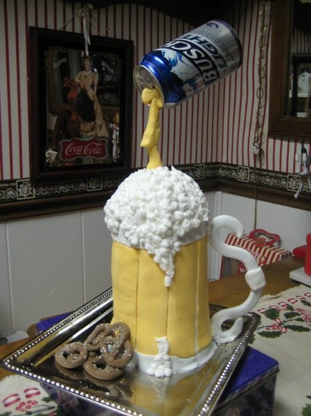 Grooms Cake - Beer can pouring pouring into beer mug.