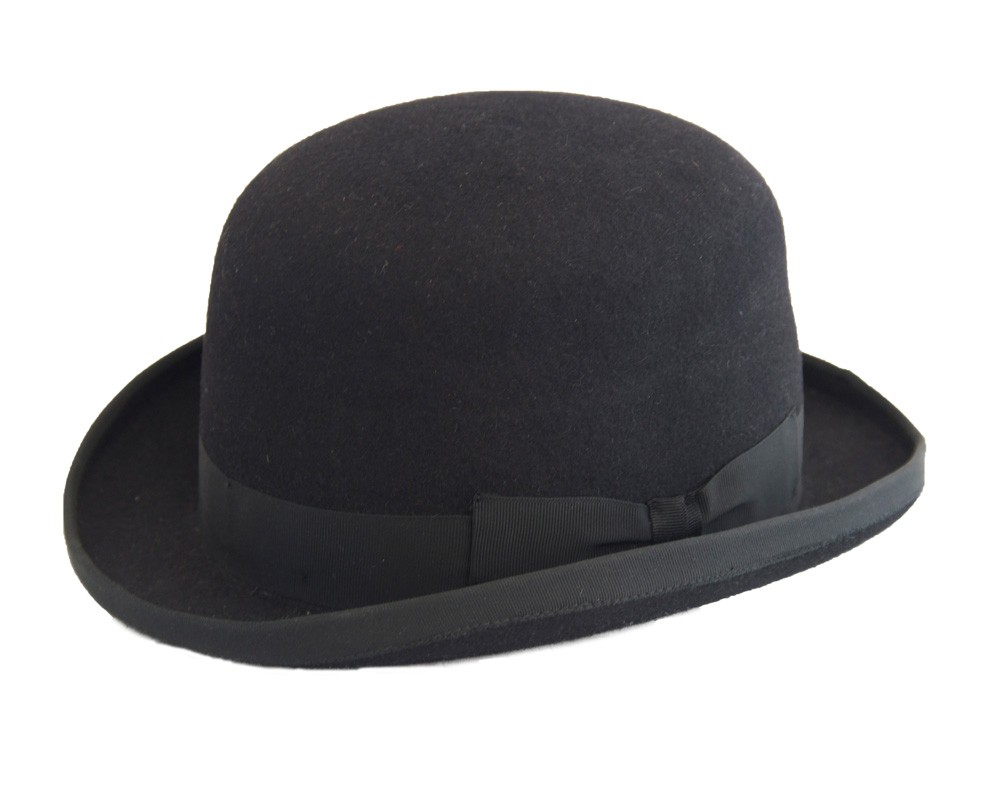 black bowler hat with black band.