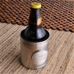 Beer bottle in personalized silver koozie.