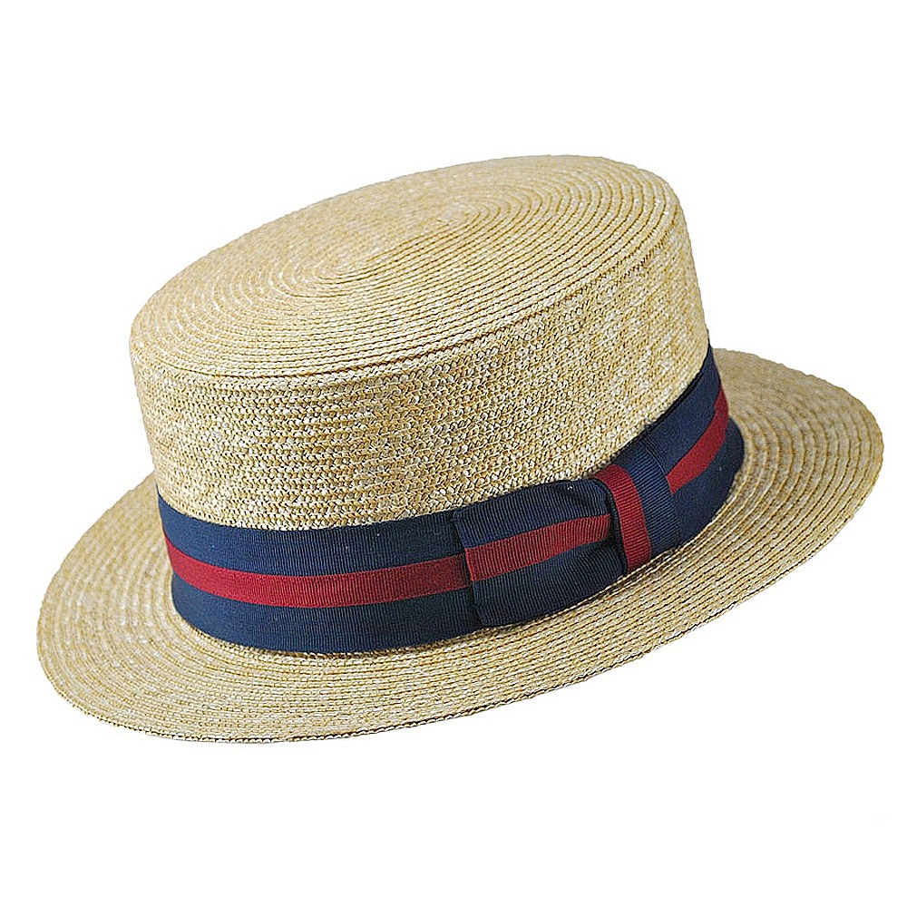 straw boater hat with blue and red stripped band.