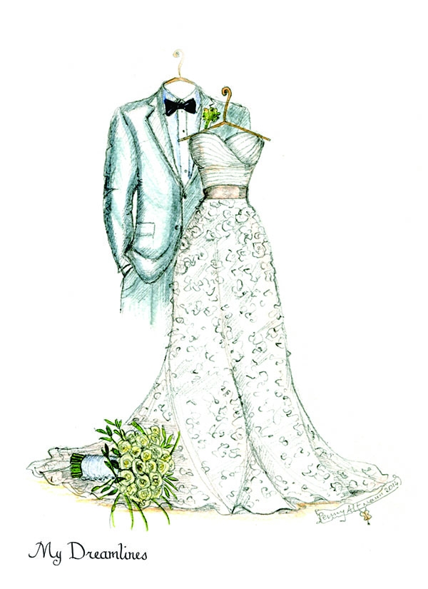 My Dreamlines sketch of groom suit and wedding dress.