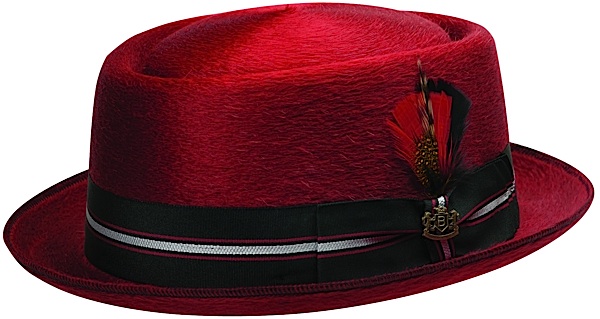 red porkpie hat with black, red and silver band including feather.