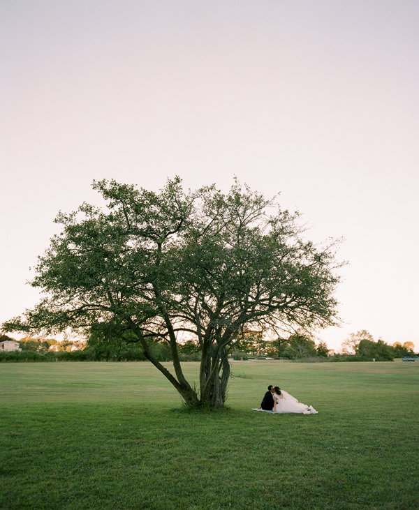 Bride and groom alone by tree.